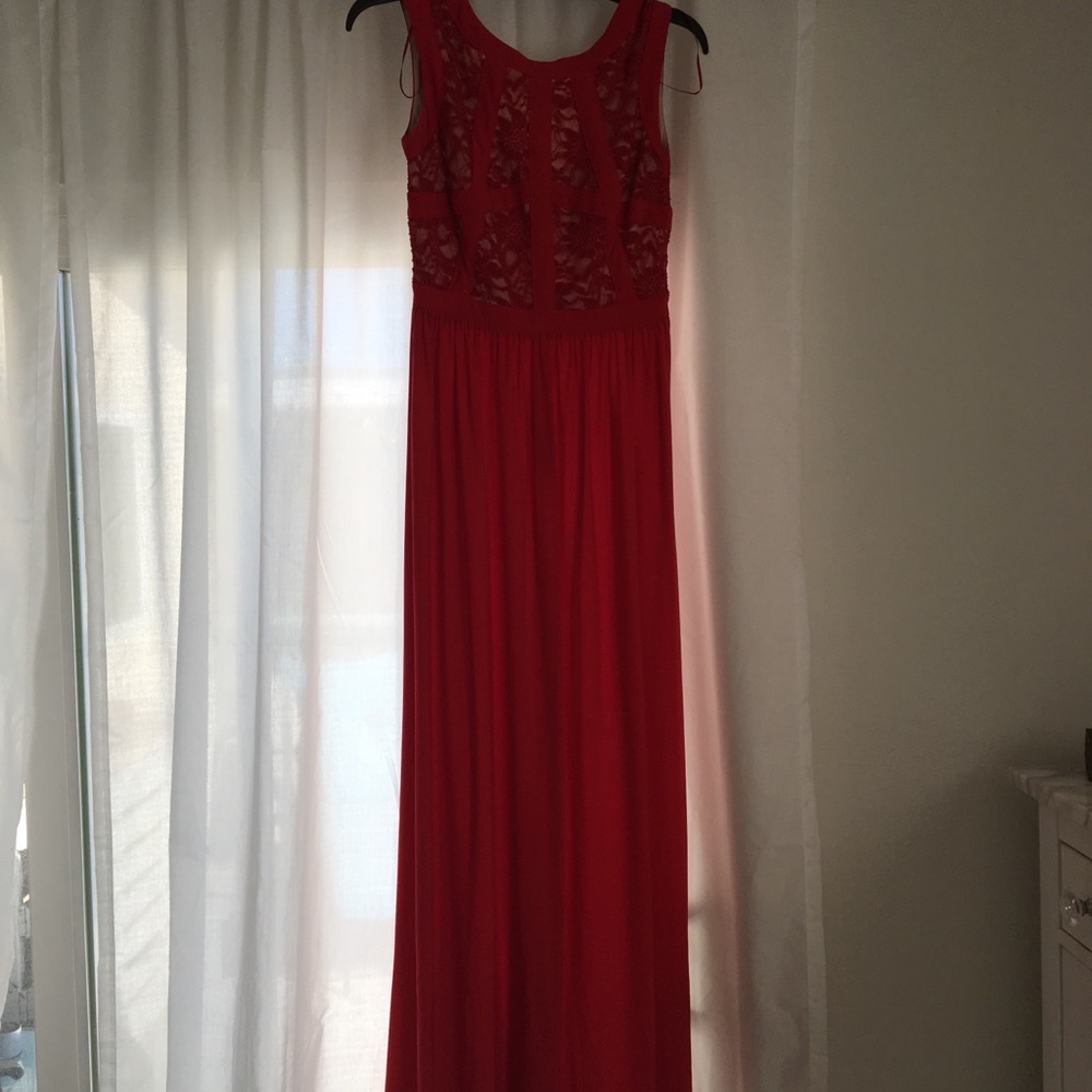 Red and Cream Lace Floor Length Gown